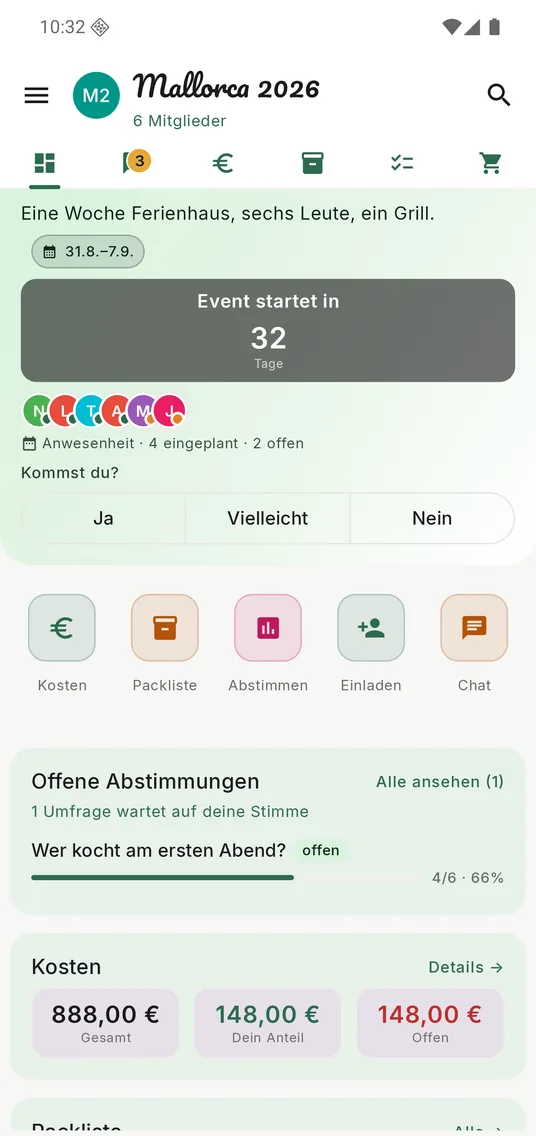 Event-Dashboard der App: Countdown, Mitglieder, Kosten und Packliste